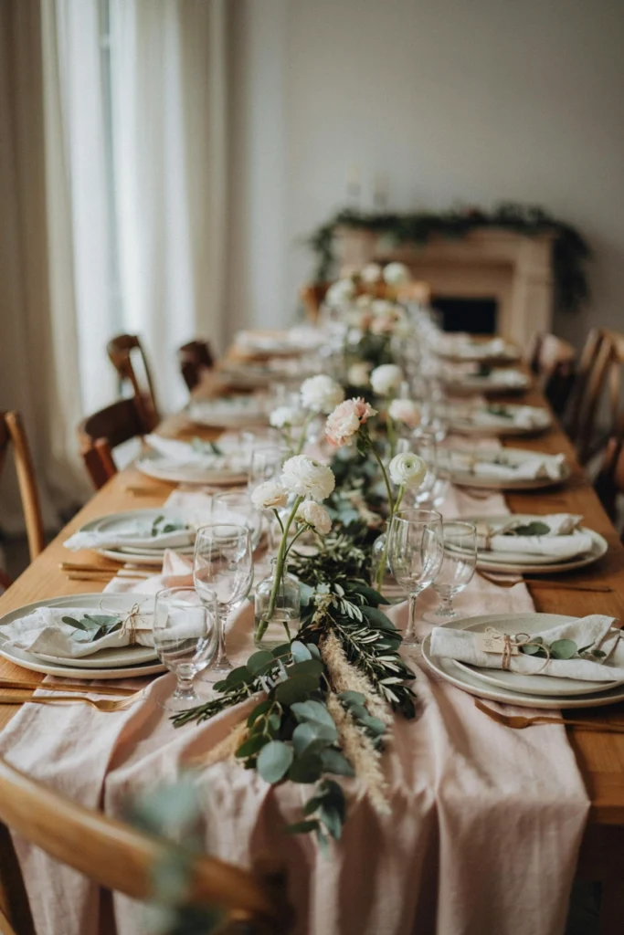 Blush Linens with Ivory Napkins and Greenery