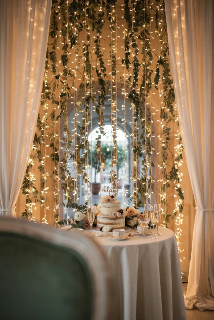 Cascading String Lights with Hanging Greenery
