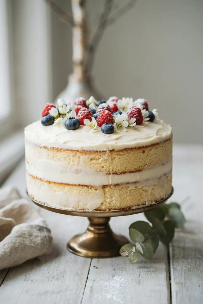 Naked Cake with Frosted Berries and White Florals