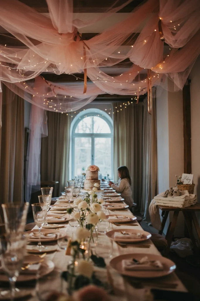 Overhead Fairy Lights with Blush Fabric Draping