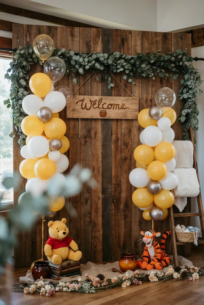 Hundred Acre Wood Welcome Sign With Yellow Balloons
